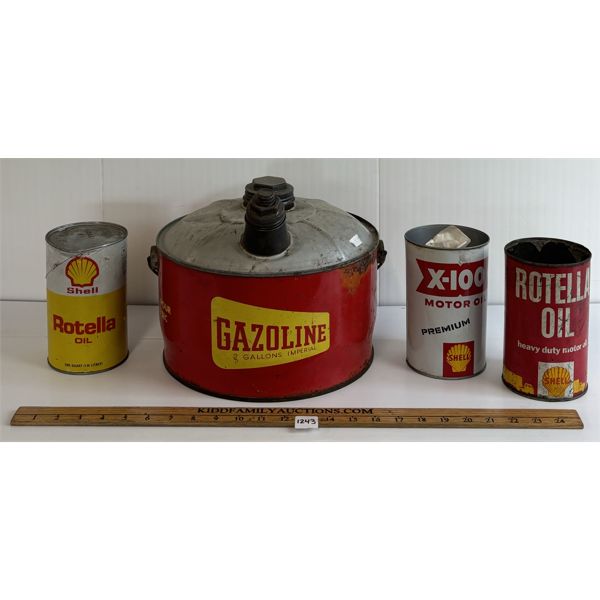 LOT OF 4 - GAZOLINE 2 GAL & SHELL 1 PINT MOTOR OIL CANS 