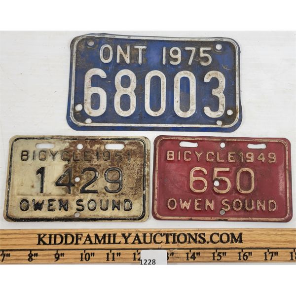 LOT OF 3 - BICYCLE LICENCE PLATES - INCL 1949 & 1951 OWEN SOUND