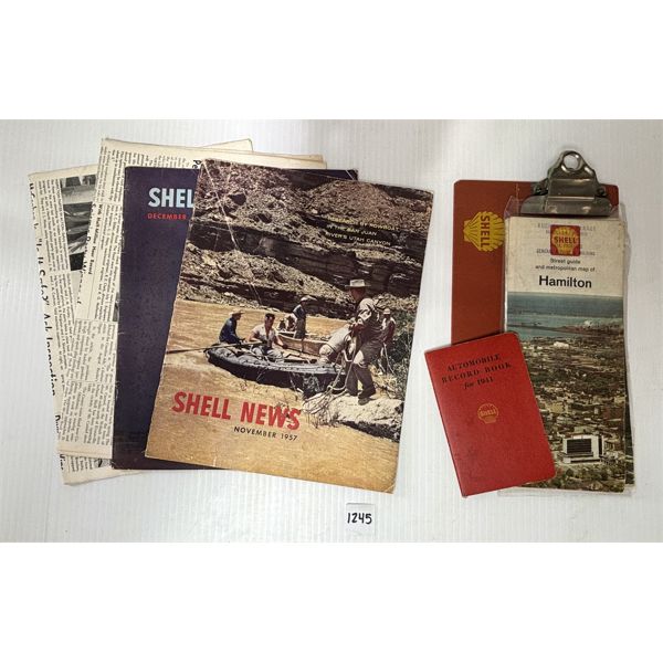 LOT OF 9 - SHELL ROAD MAPS, RECORD BOOK, CLIPBOARD, MAGAZINE & NEWSPAPERS 