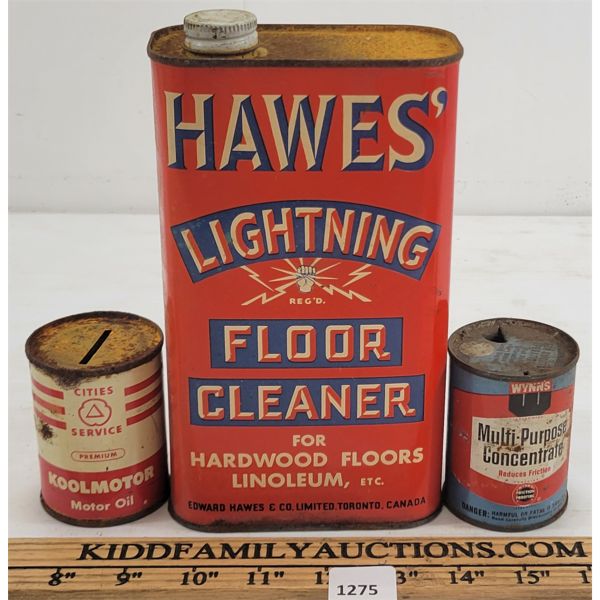 LOT OF 3 - HAWES LIGHTING FLOOR CLEANING, CITIES SERVICE 4OZ BANK AND WYNNS 4OZ CAN
