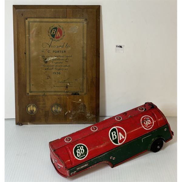 LOT OF 2 - B/A PRESSED STEEL TRUCK HITCH & 1936 AWARD PLAQUE 