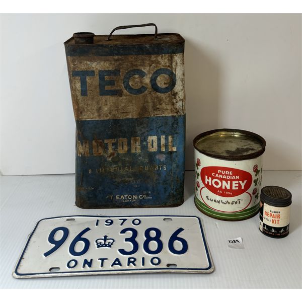 LOT OF 4 - ONTARIO LICENCE PLATE, TECO 5 QT MOTOR OIL, ETC