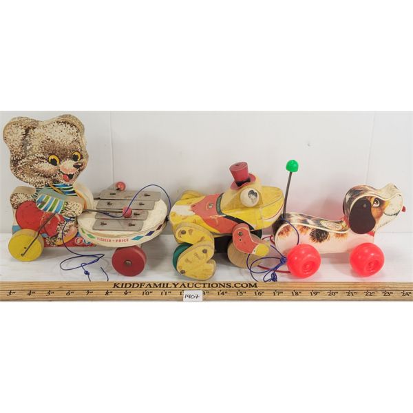 LOT OF 3 - WOODEN CHILDREN'S TETHER TOYS - INCL FISHER BUDDY BULLFROG, ETC