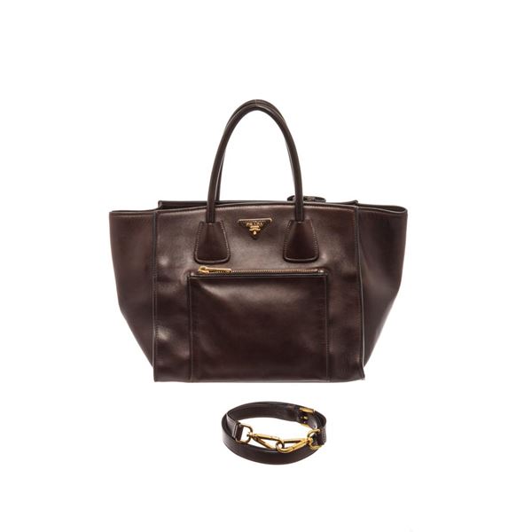 Prada Brown Nero Glace Calf Leather Double Tote Bag