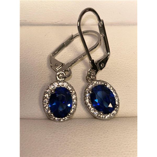 Set of Blue Topaz 1.2 Carat Oval Cut Hanging Cluster .925 Silver earrings