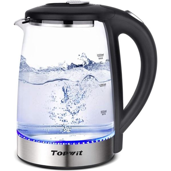 Topwit Electric Kettle Glass Hot Water Kettle, Upgraded, 2L Water Warmer Cordless, Stainless Steel L
