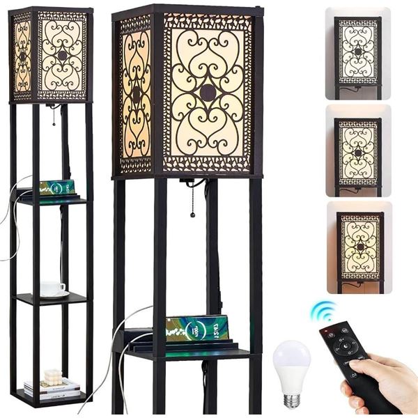 Lokhom Floor Lamp Shelf Remote Control & USB A+C & AC Outlet, Storage Display Standing Lamp with 3 C