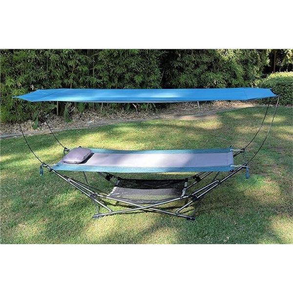 Folding portable hammock with canopy and lower storage net - May differ slightly from stock photo