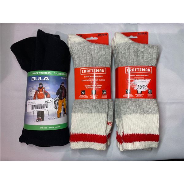 Assorted lot of Bula 2 neck warmers & 2 lots of craftsman wool socks size 10-13