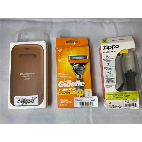 Assorted Lot of Iphone 12 Pro Max Leather Sleeve/ Gillette Fusion 5 Power Razor/ Zippo Heatbank 9s