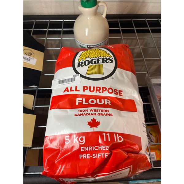 Assorted lot of Rogers All Purpose Flour 5kg and Kirkland Maple Syrup 1L