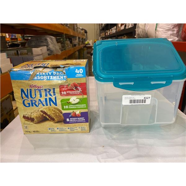 Assorted Lot of Kelloggs Nutri Grain Bars 1.48kg and Snap lock Storage Bin with Wheels