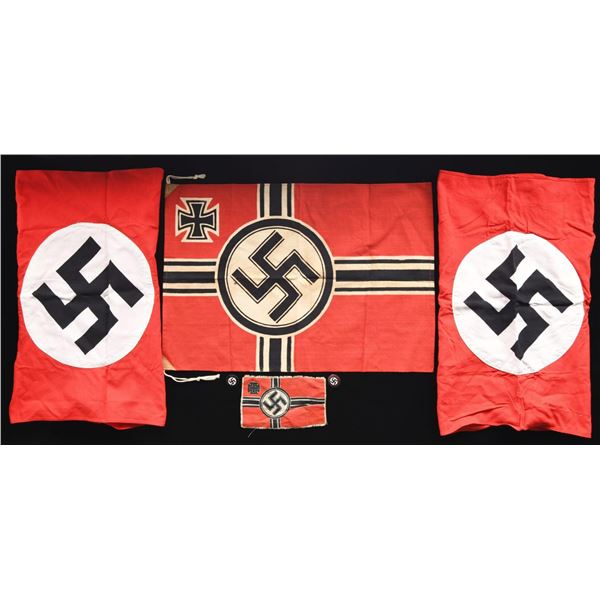 4 WWII GERMAN FLAGS & 2 PARTY PINS.