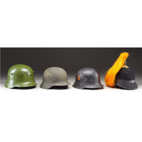 3 GERMAN HELMETS & 1 US M1881 HELMET.