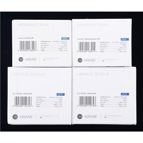 4 BOXED HAWKE 30MM SCOPES.