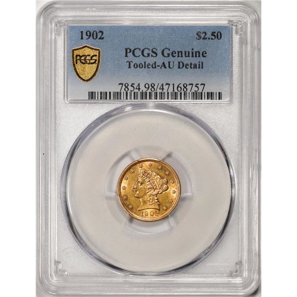 1902 $2 1/2 Liberty Head Quarter Eagle Gold Coin PCGS Genuine Tooled AU Detail