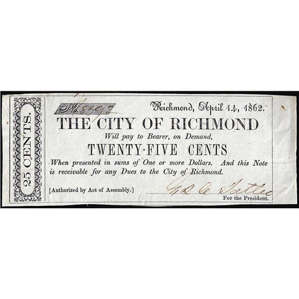 1862 Twenty-Five Cents The City of Richmond, VA Obsolete Note
