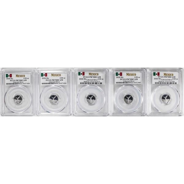 Lot of (5) 2018-Mo Mexico Proof 1/20 oz Silver Libertad Coins PCGS PR70DCAM