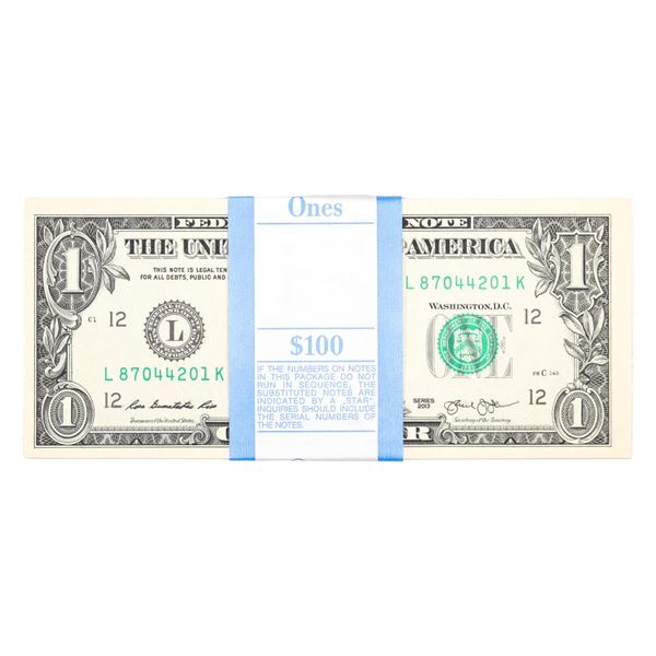 Pack of (100) Consecutive 2013 $1 Federal Reserve Notes San Francisco