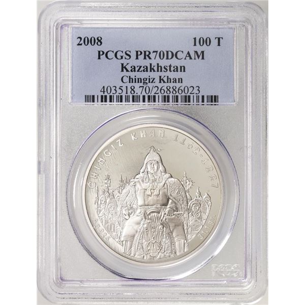 2008 Kazakhstan 100 Tenge Proof Chingiz Khan Silver Coin PCGS PR70DCAM