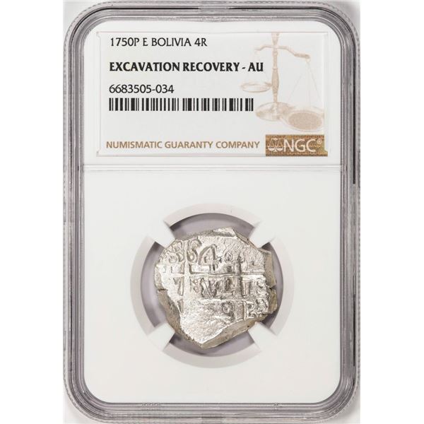 Shipwreck 1750P E Bolivia 4 Reales Silver Coin NGC AU Excavation Recovery
