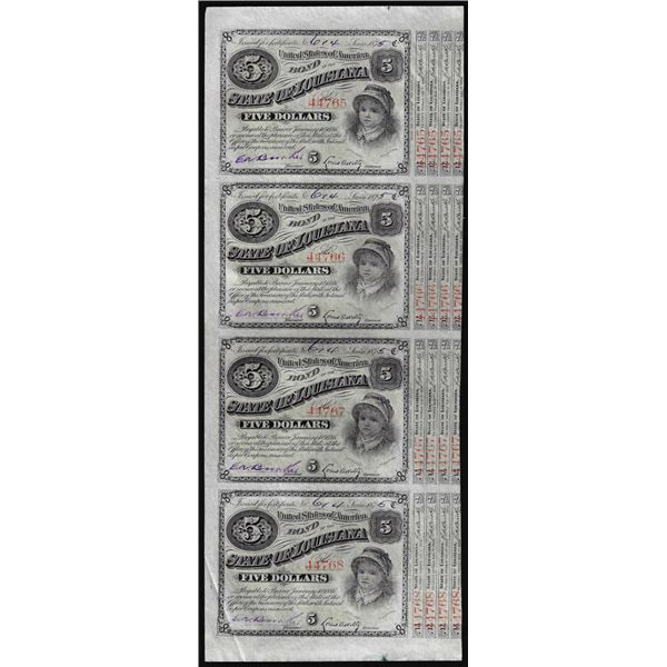 Uncut Sheet of (4) State of Louisiana Baby Bond Obsolete Notes