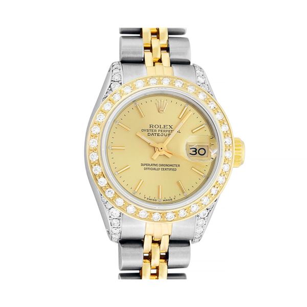 Rolex Ladies Two Tone Champagne Index Diamond Date Wristwatch