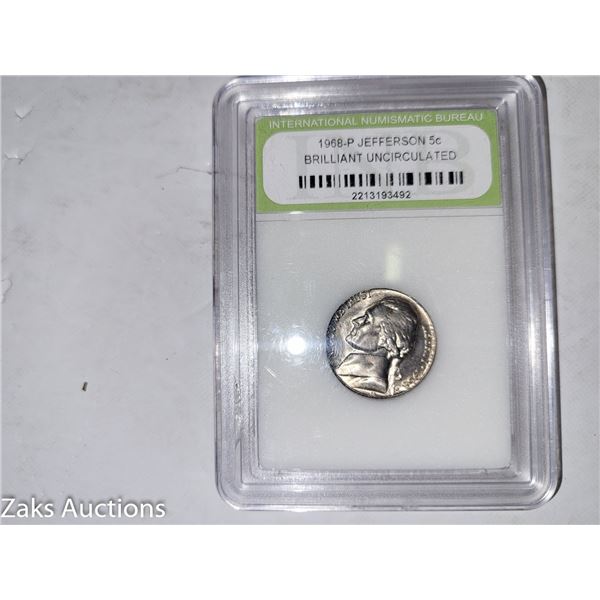 Graded INB 1968P Jeffereson Nickel Brilliant Uncirculated