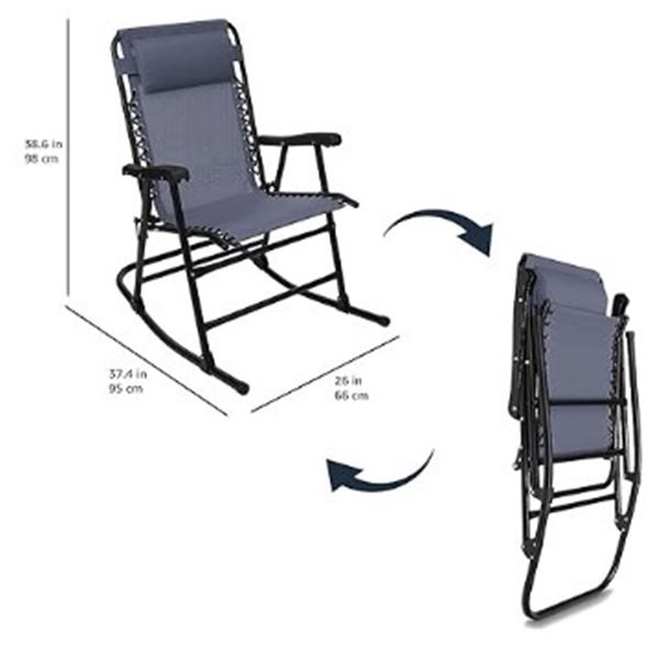 BRAND NEW NAVY FOLDABLE ROCKING CHAIR WITH CANOPY, WITH NECK PILLOW AND FOLD AWAY SUN SHADE, RETAIL 