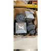 Image 2 : BOX OF GARDEN TOOLS, GARDEN FABRIC, AND BOX OF LANTERNS AND PLANT HOLDERS