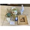 Image 1 : BOX OF COLLECTIBLES - FIGURINES, GLASS VASE, CRYSTAL SALT AND PEPPER, ETC