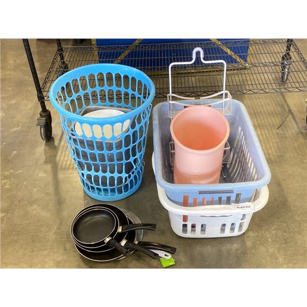 LOT OF LAUNDRY BASKETS AND FRYING PANS