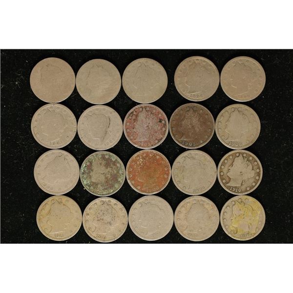 20 ASSORTED LIBERTY  V  NICKELS: 1890'S-1912-D