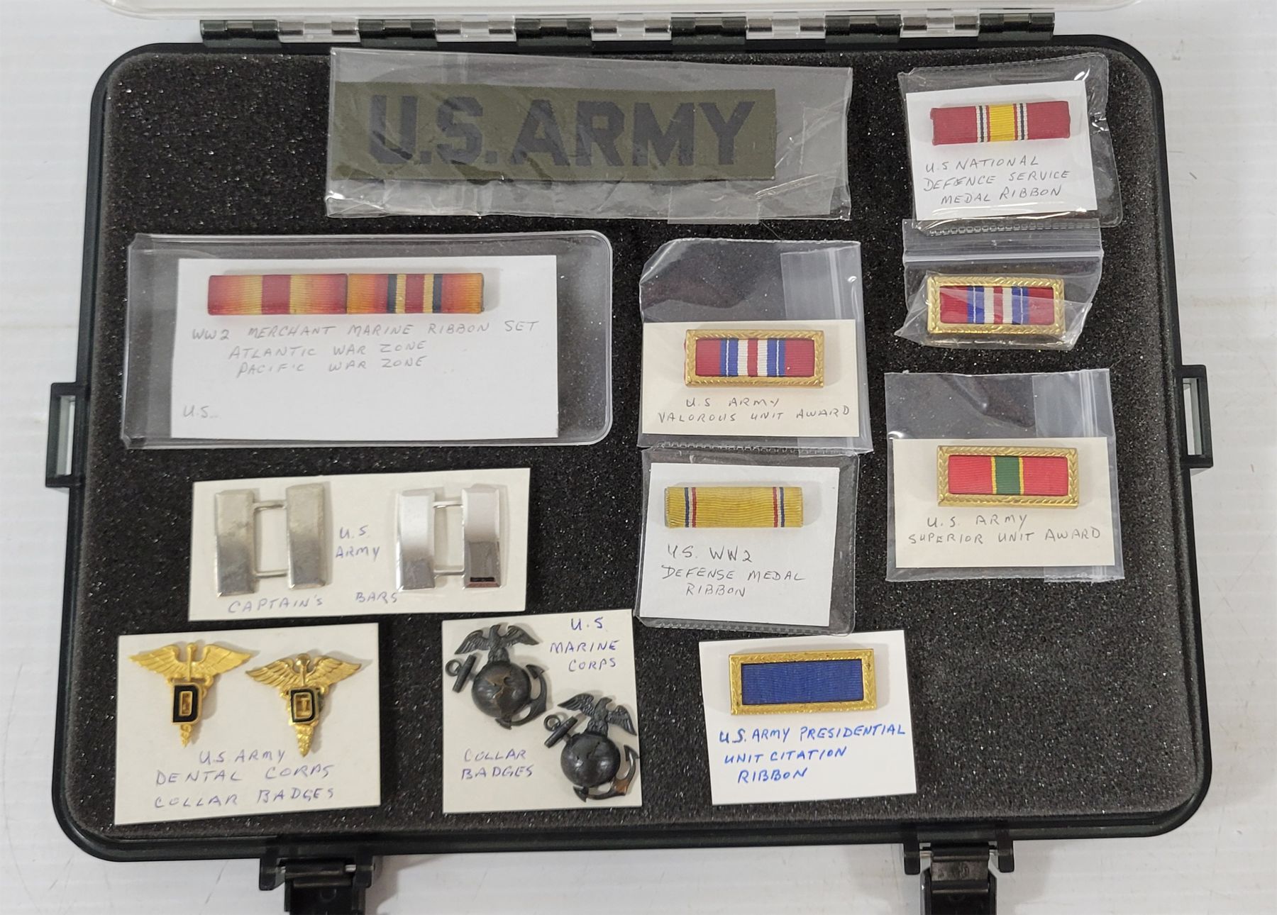 LOT OF 11 - MISC RIBBONS - INCL U.S. ARMY AWARDS & CAPTAIN'S BARS, ETC ...