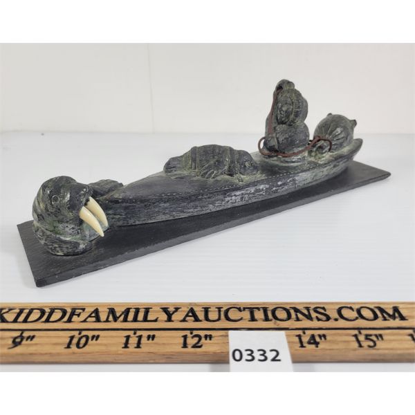INUIT SOAPSTONE SCULPTURE - FISHERMAN W/ WALRUS - NUVUK CANADA
