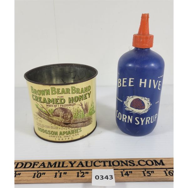 LOT OF 2 - BEE HIVE CORN SYRUP BOTTLE & BROWN BEAR BRAND CREAMED HONEY TIN