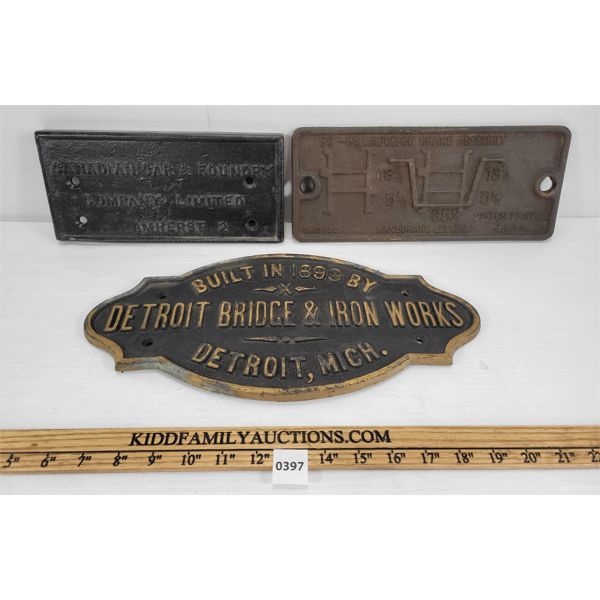 LOT OF 3 - MISC CAST IRON PLAQUES - INCL DETROIT & AMHERST