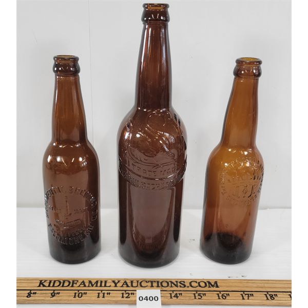 LOT OF 3 - EMBOSSED AMBER BREWERY BOTTLES - INCL THE CHRISTIAN MOERLE IN BREWING CO., ETC.