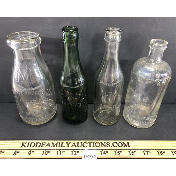 LOT OF 4 - MISC EMBOSSED BOTTLES - INCL LISTERINE, SCHWEPPES & DAIRY
