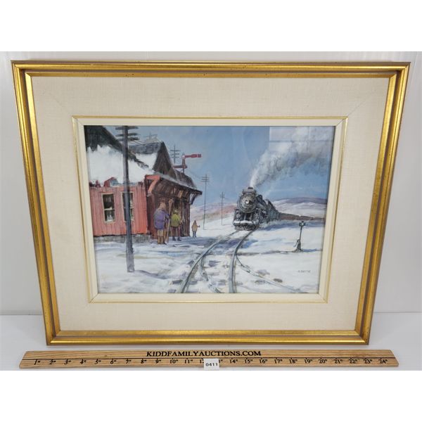 SNOWY LOCOMOTIVE SCENE BY S. BERNE - FRAMED WATERCOLOUR
