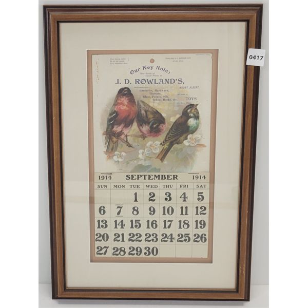 1914 J. D. ROWLAND'S FRAMED CALENDAR