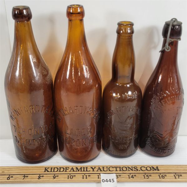 LOT OF 4 - EMBOSSED AMBER BLOB TOP BREWERY BOTTLES - INCL FLOWER CITY & REINHARDT, ETC.