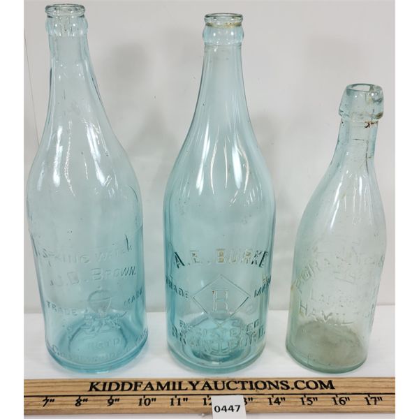 LOT OF 3 - MISC EMBOSSED BOTTLES - INCL J. D. BROWN, GRANTS & SONS, ETC.