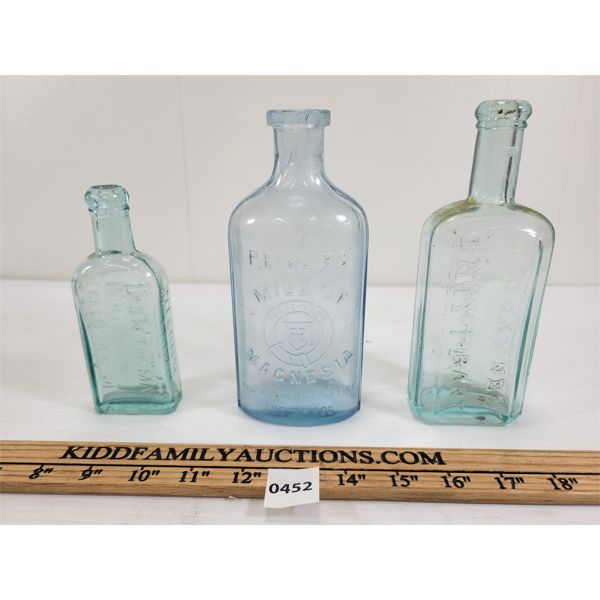 LOT OF 3 - EMBOSSED BOTTLES - INCL PHILLIPS' MILK OF MAGNESIA, DR D. JAYNE'S EXPECTORANT, ETC.