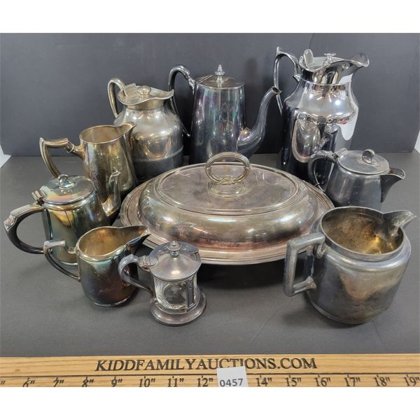 LOT OF 10 - ETCHED SERVING WARE - INCL PEWTER 