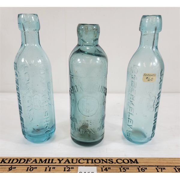 LOT OF 3 - EMBOSSED BOTTLES - INCL JAS WALSH & CO. & FELIX J. QUINN SODA WATER 