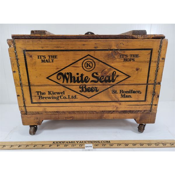 WHITE SEAL BEER CRATE W/ CASTER WHEELS 