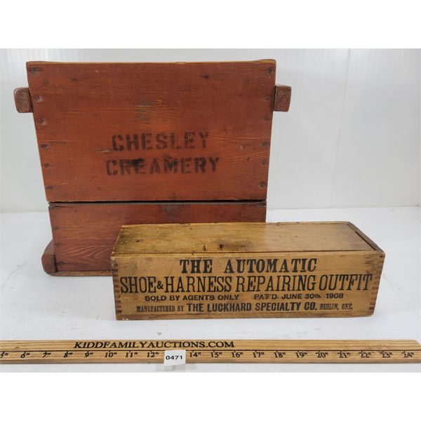 LOT OF 2 - CHESLEY CREAMERY & THE AUTOMATIC SHOE & HARNESS REPAIRING OUTFIT CRATES 