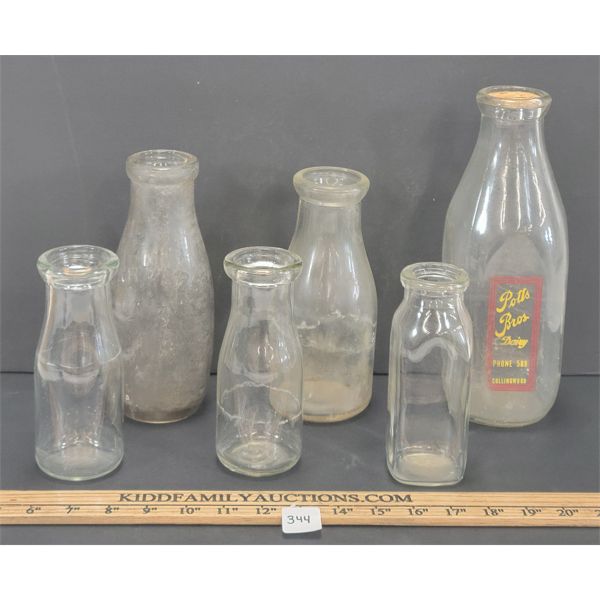 LOT OF 6 - MISC EMBOSSED DAIRY BOTTLES - INCL SILK SCREEN POTT'S BROS, ETC.