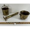 Image 1 : LOT OF 3 - BRASS BUCKET, SKOKING PUMP & POT